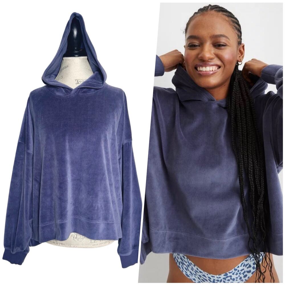 Aerie | Women | Purple Plush Velour Boxy Cropped Pullover Hoodie | Sz XL